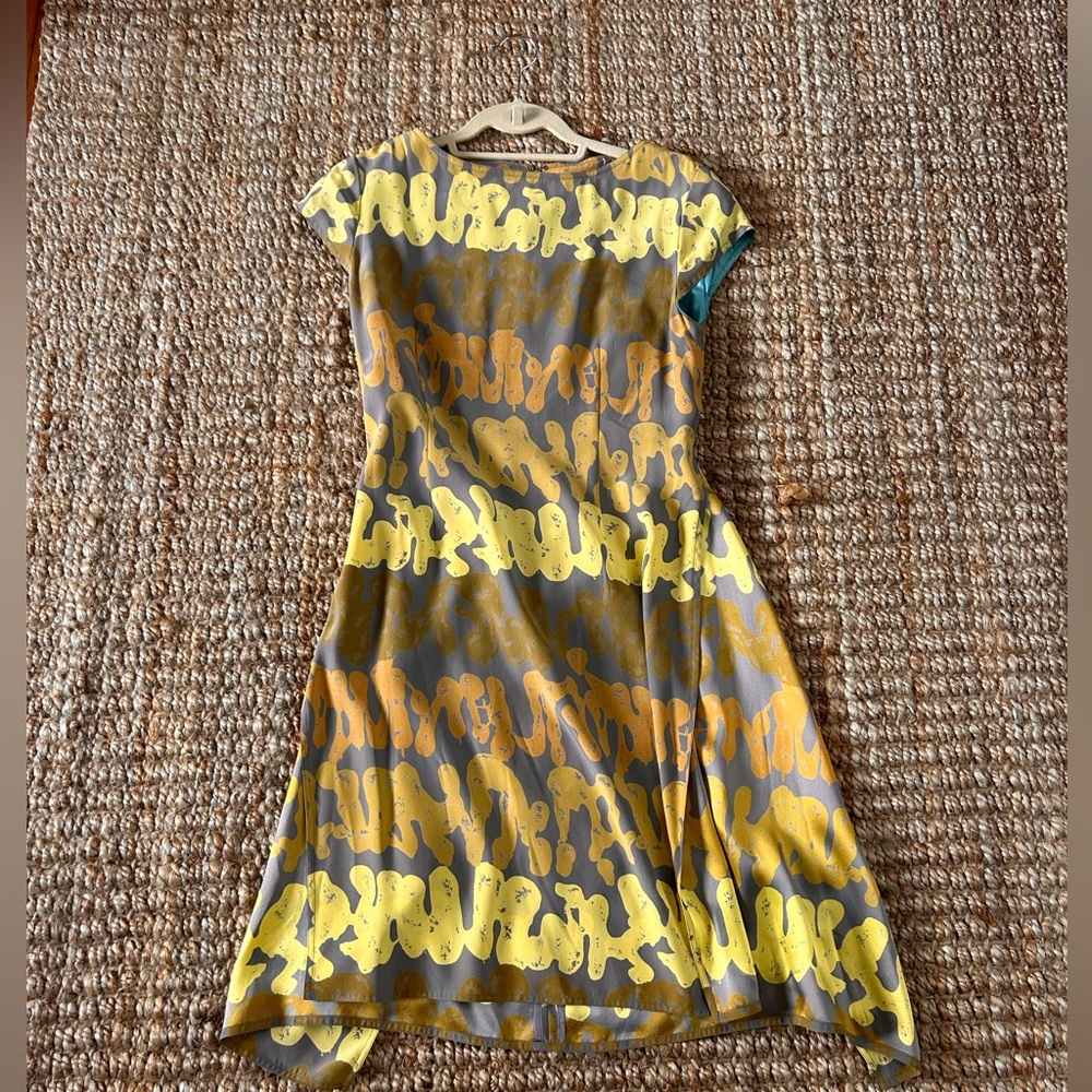 Yellow and Olive Abstract Print Fit-and-Flare Dress
